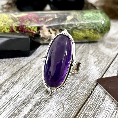 Purple Amethyst Oval Crystal Statement Ring in Sterling Silver - Designed by FOXLARK Collection Adjustable to Size 6 7 8 9.