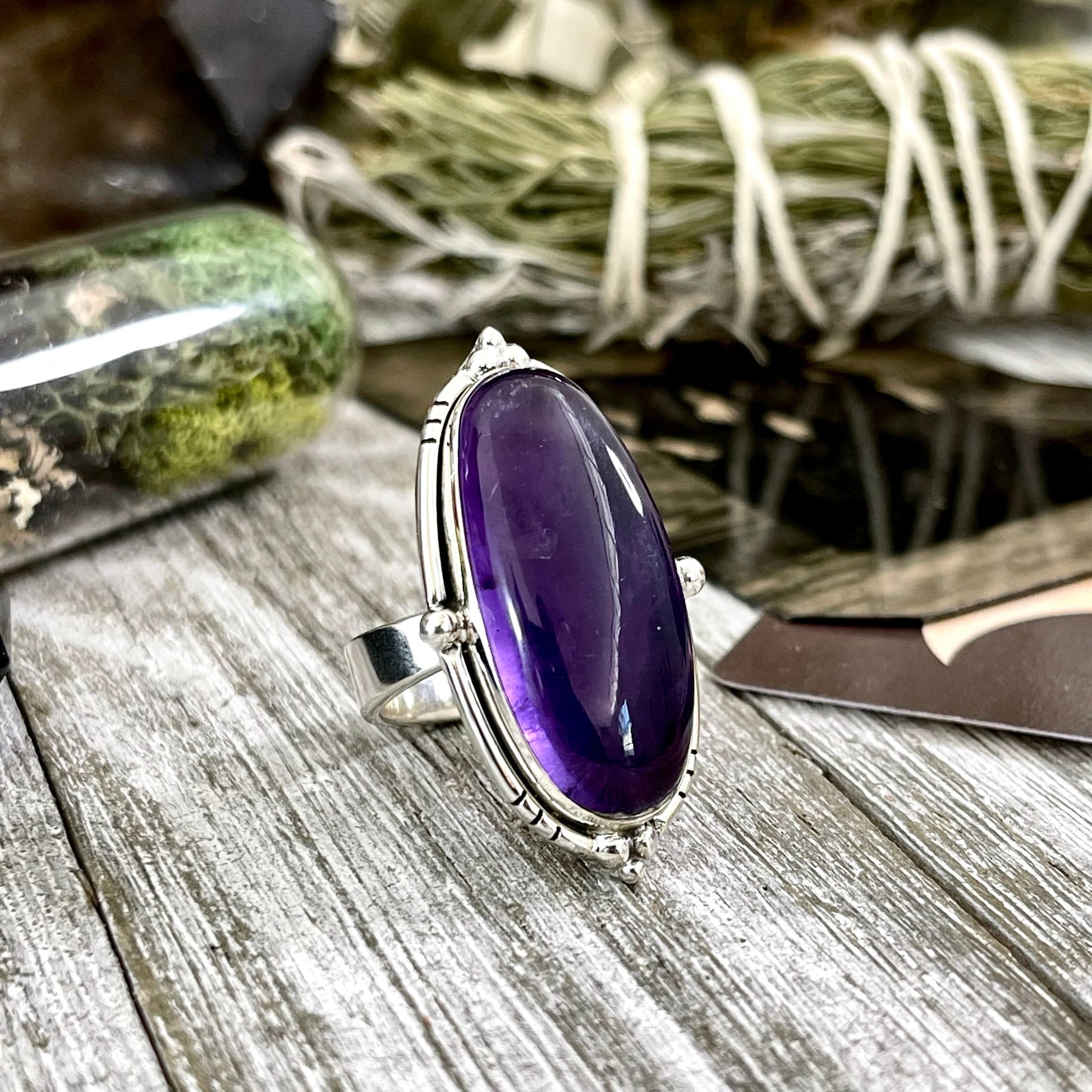 Purple Amethyst Oval Crystal Statement Ring in Sterling Silver - Designed by FOXLARK Collection Adjustable to Size 6 7 8 9.