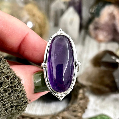 Purple Amethyst Oval Crystal Statement Ring in Sterling Silver - Designed by FOXLARK Collection Adjustable to Size 6 7 8 9.