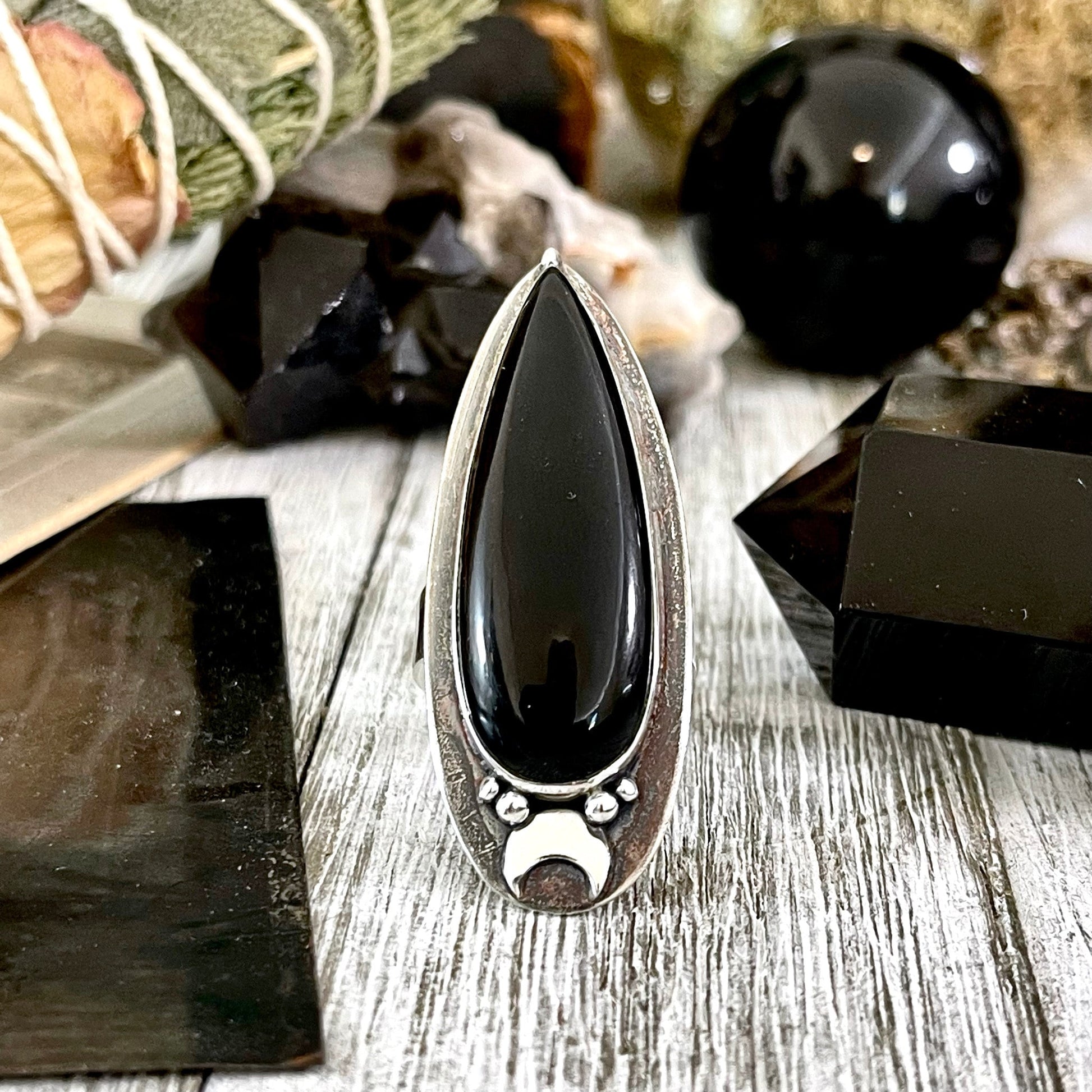 Black Onyx Ring in Sterling Silver, Magic Moon Ring/  Designed by FOXLARK Collection Adjustable to Size 6 7 8 9 10.