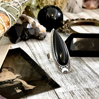 Black Onyx Ring in Sterling Silver, Magic Moon Ring/  Designed by FOXLARK Collection Adjustable to Size 6 7 8 9 10.