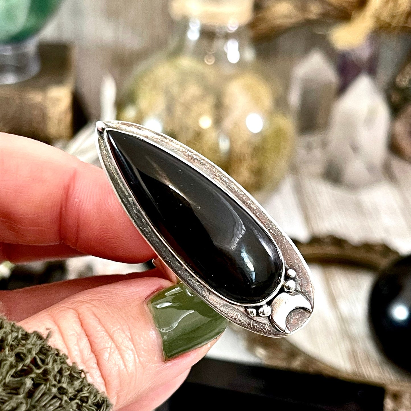 Black Onyx Ring in Sterling Silver, Magic Moon Ring/  Designed by FOXLARK Collection Adjustable to Size 6 7 8 9 10.