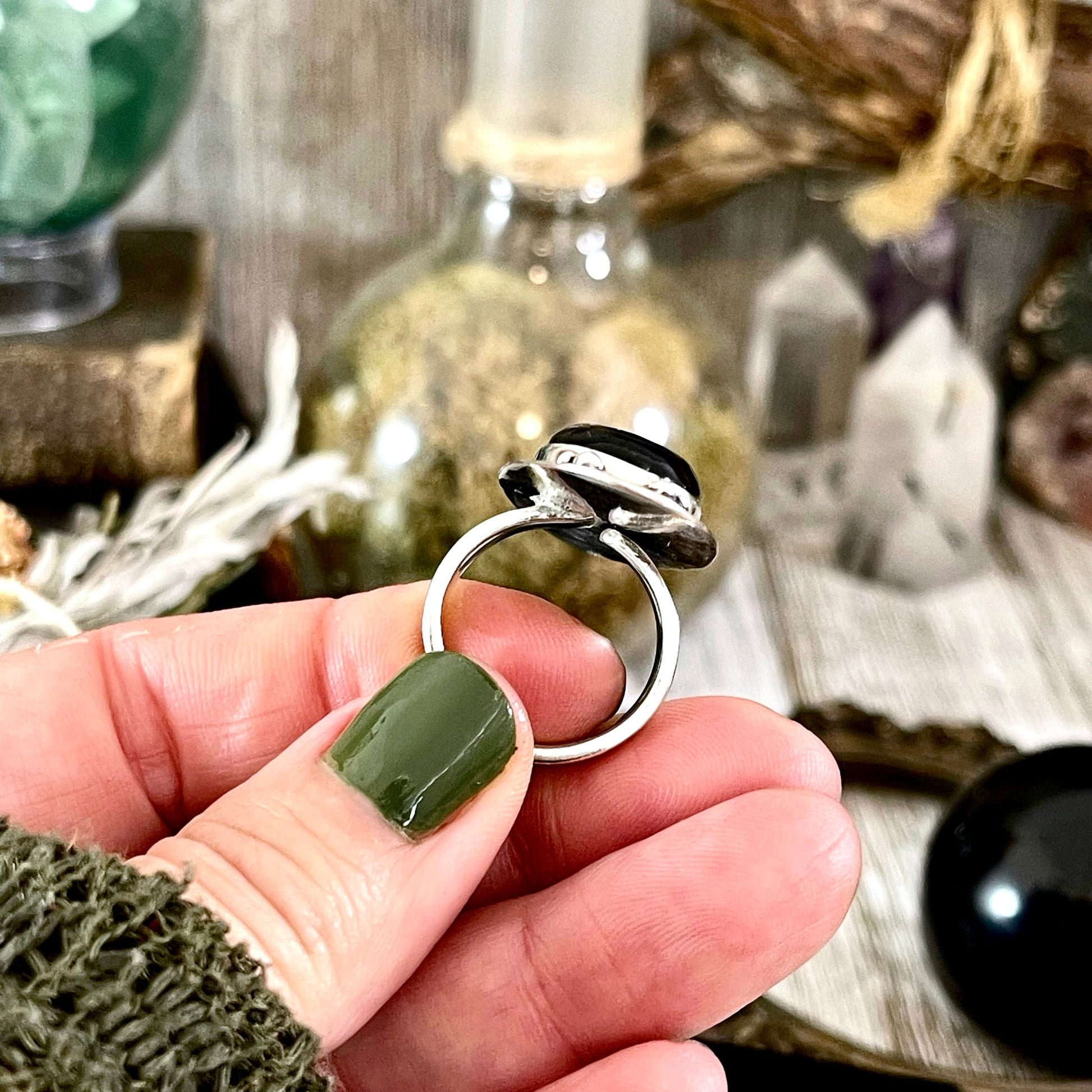 Black Onyx Ring in Sterling Silver, Magic Moon Ring/  Designed by FOXLARK Collection Adjustable to Size 6 7 8 9 10.