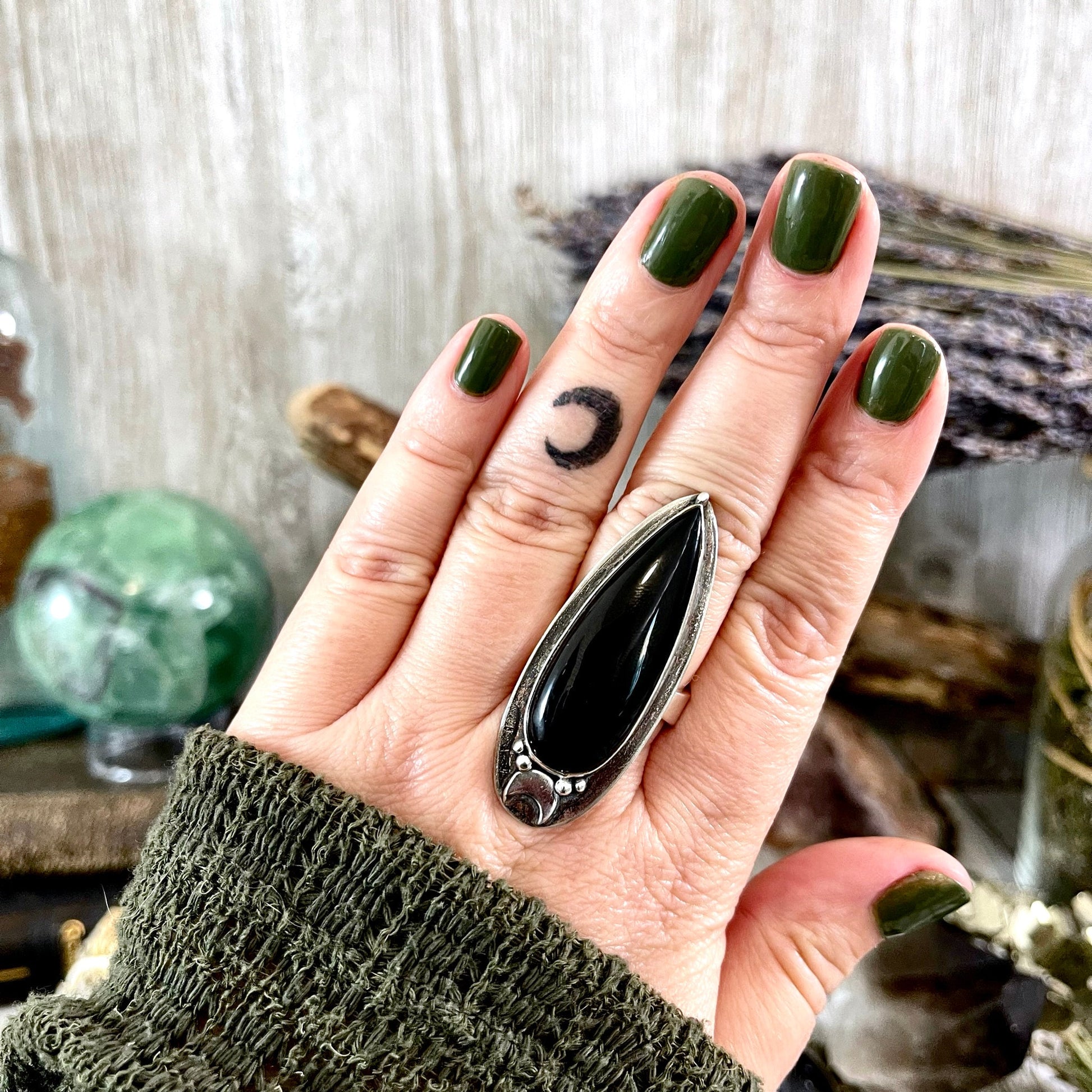 Black Onyx Ring in Sterling Silver, Magic Moon Ring/  Designed by FOXLARK Collection Adjustable to Size 6 7 8 9 10.