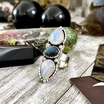 3 Stone Ring, Adjustable Ring, Big Crystal Ring, Big Stone Ring, Bohemian Ring, Boho Jewelry, Boho Ring, Etsy ID: 1592379350, Festival Jewelry, Foxlark- Rings, Gift For Woman, Jewelry, Labradorite Ring, Rainbow Moonstone, Rings, Statement Rings, Three Sto