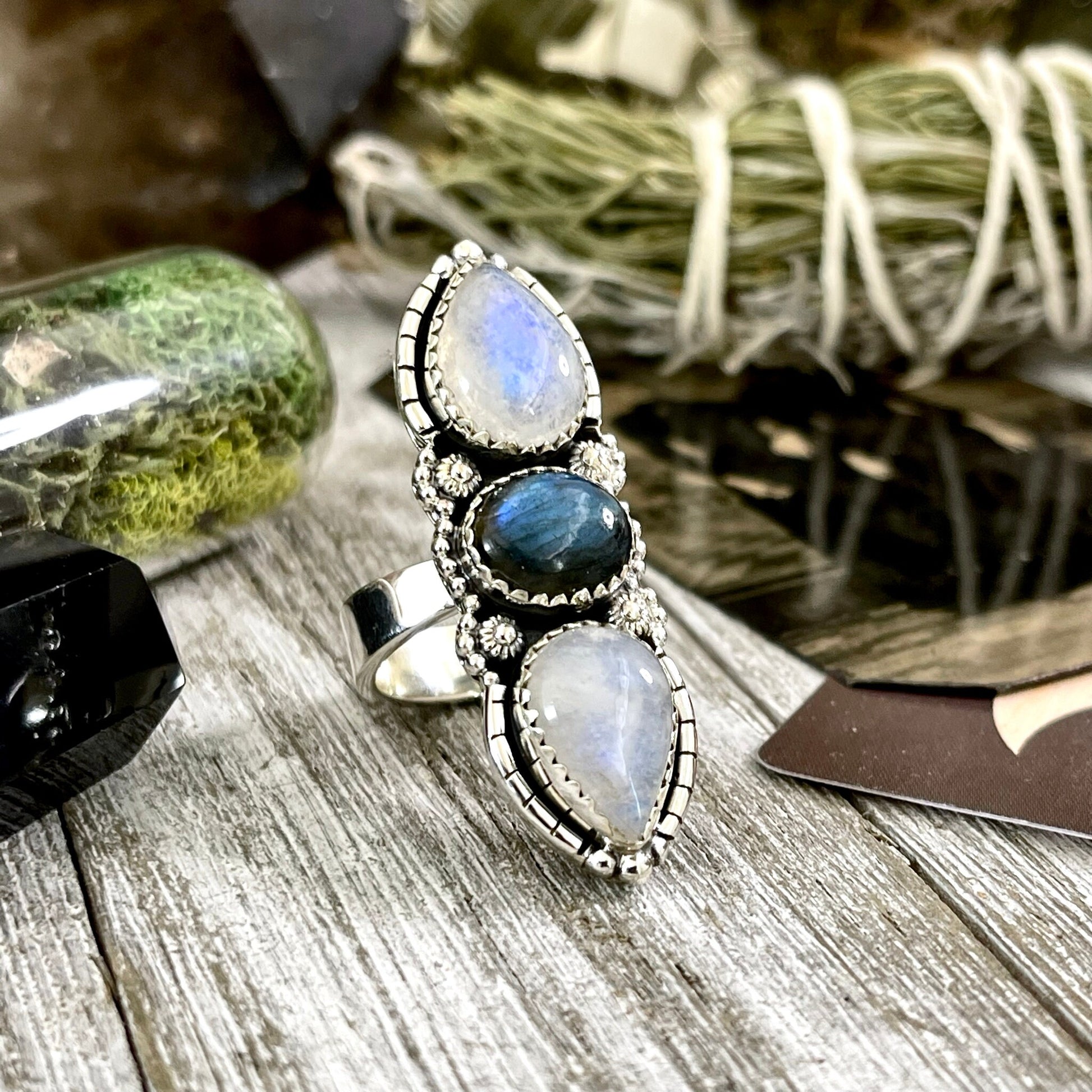 3 Stone Ring, Adjustable Ring, Big Crystal Ring, Big Stone Ring, Bohemian Ring, Boho Jewelry, Boho Ring, Etsy ID: 1592379350, Festival Jewelry, Foxlark- Rings, Gift For Woman, Jewelry, Labradorite Ring, Rainbow Moonstone, Rings, Statement Rings, Three Sto