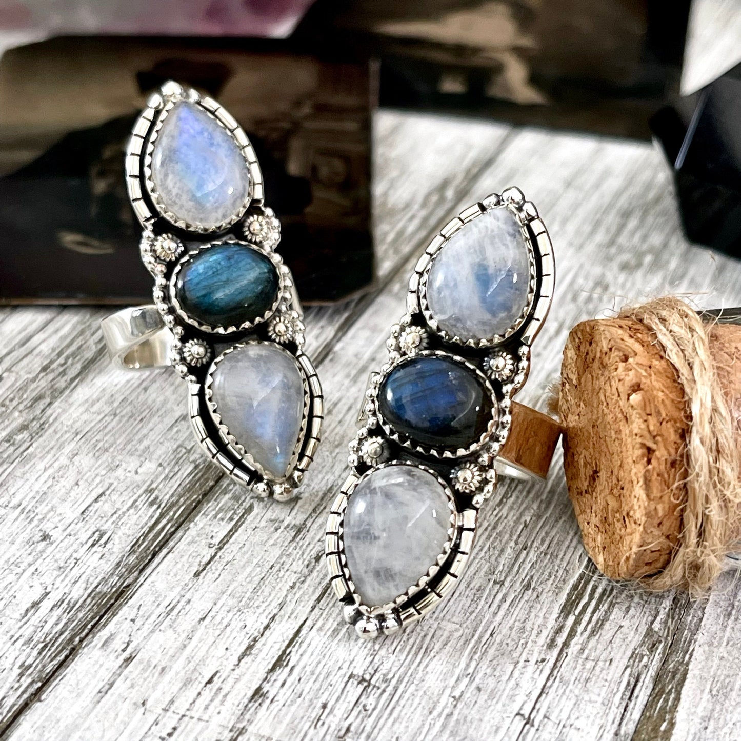 3 Stone Ring, Adjustable Ring, Big Crystal Ring, Big Stone Ring, Bohemian Ring, Boho Jewelry, Boho Ring, Etsy ID: 1592379350, Festival Jewelry, Foxlark- Rings, Gift For Woman, Jewelry, Labradorite Ring, Rainbow Moonstone, Rings, Statement Rings, Three Sto