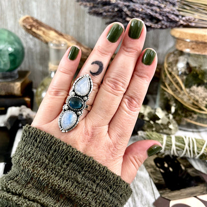 3 Stone Ring, Adjustable Ring, Big Crystal Ring, Big Stone Ring, Bohemian Ring, Boho Jewelry, Boho Ring, Etsy ID: 1592379350, Festival Jewelry, Foxlark- Rings, Gift For Woman, Jewelry, Labradorite Ring, Rainbow Moonstone, Rings, Statement Rings, Three Sto