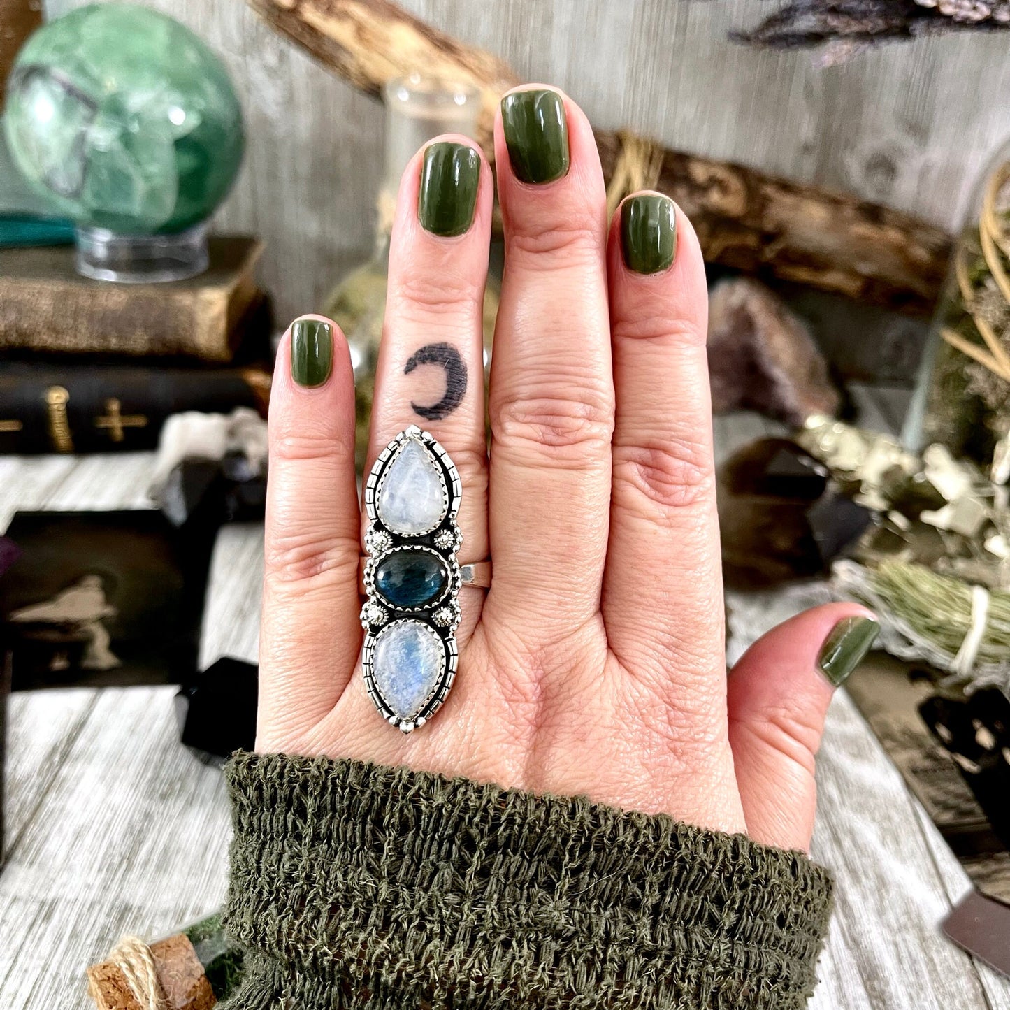 3 Stone Ring, Adjustable Ring, Big Crystal Ring, Big Stone Ring, Bohemian Ring, Boho Jewelry, Boho Ring, Etsy ID: 1592379350, Festival Jewelry, Foxlark- Rings, Gift For Woman, Jewelry, Labradorite Ring, Rainbow Moonstone, Rings, Statement Rings, Three Sto