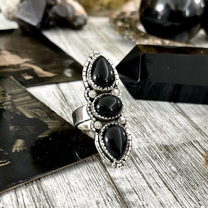 Three Stone Black Onyx Ring in Sterling Silver- Designed by FOXLARK Collection Adjustable to Size 6 7 8 9 / Big Crystal Ring Witchy Jewelry.