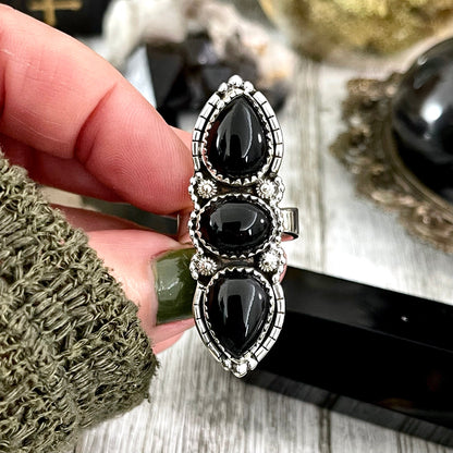 Three Stone Black Onyx Ring in Sterling Silver- Designed by FOXLARK Collection Adjustable to Size 6 7 8 9 / Big Crystal Ring Witchy Jewelry.