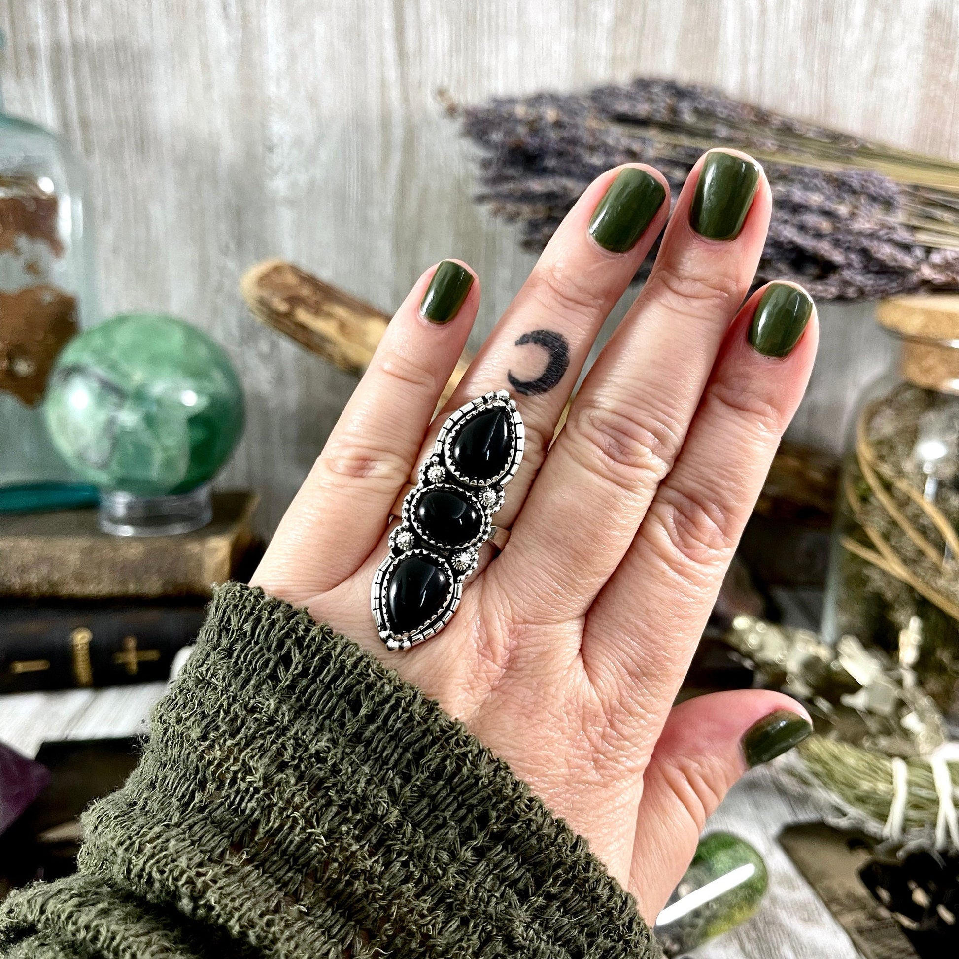 Three Stone Black Onyx Ring in Sterling Silver- Designed by FOXLARK Collection Adjustable to Size 6 7 8 9 / Big Crystal Ring Witchy Jewelry.