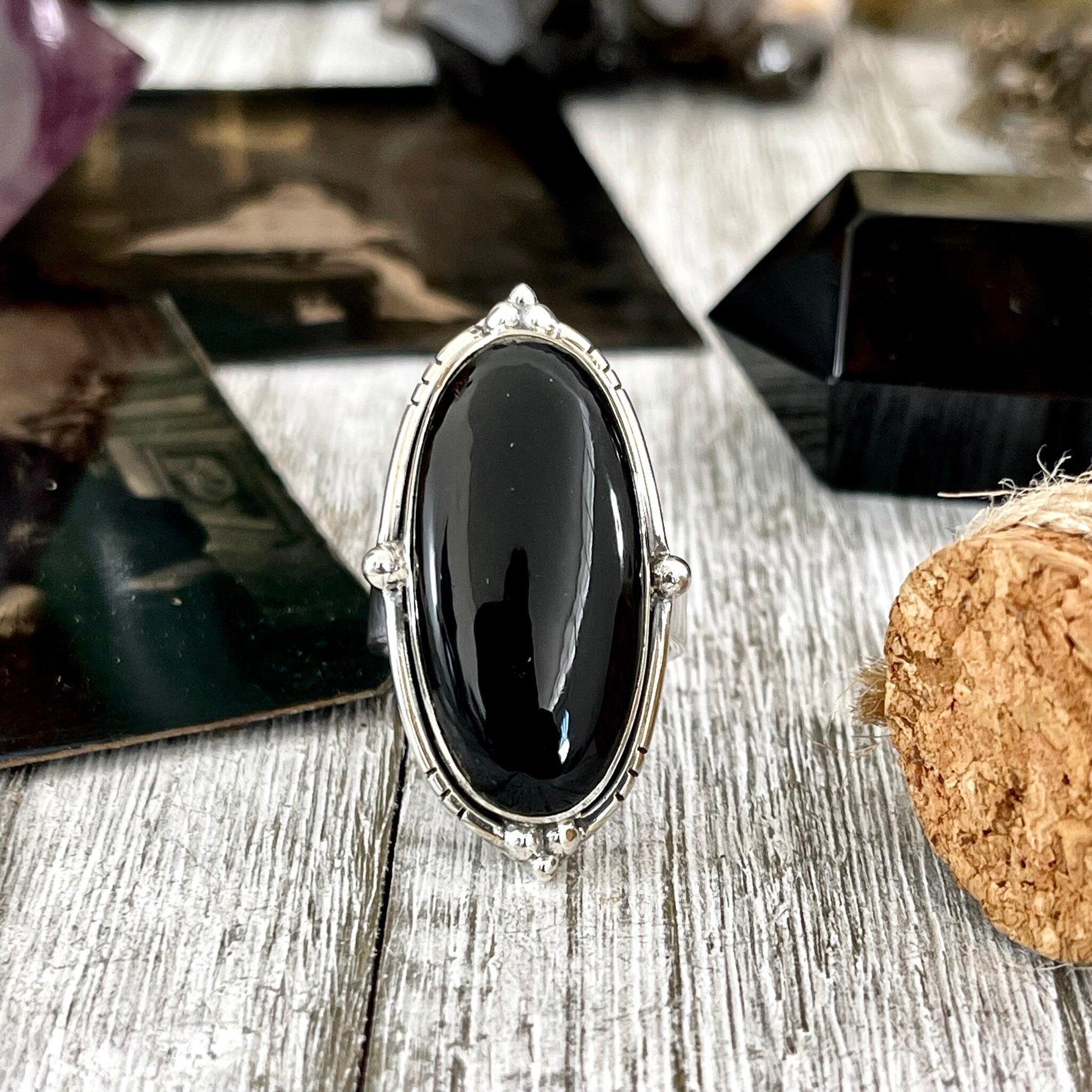 Black Onyx Oval Crystal Statement Ring in Sterling Silver - Designed by FOXLARK Collection Adjustable to Size 6 7 8 9 | Stone Ring.