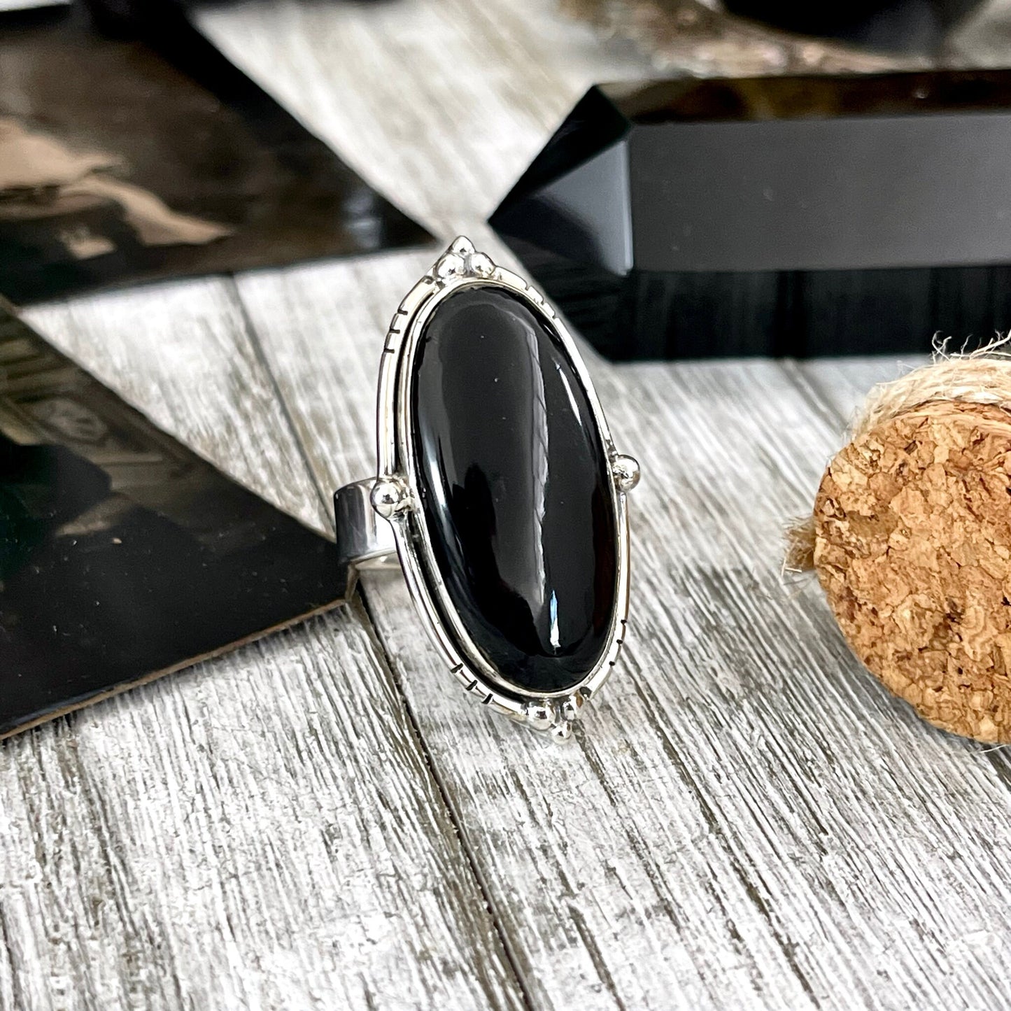 Black Onyx Oval Crystal Statement Ring in Sterling Silver - Designed by FOXLARK Collection Adjustable to Size 6 7 8 9 | Stone Ring.