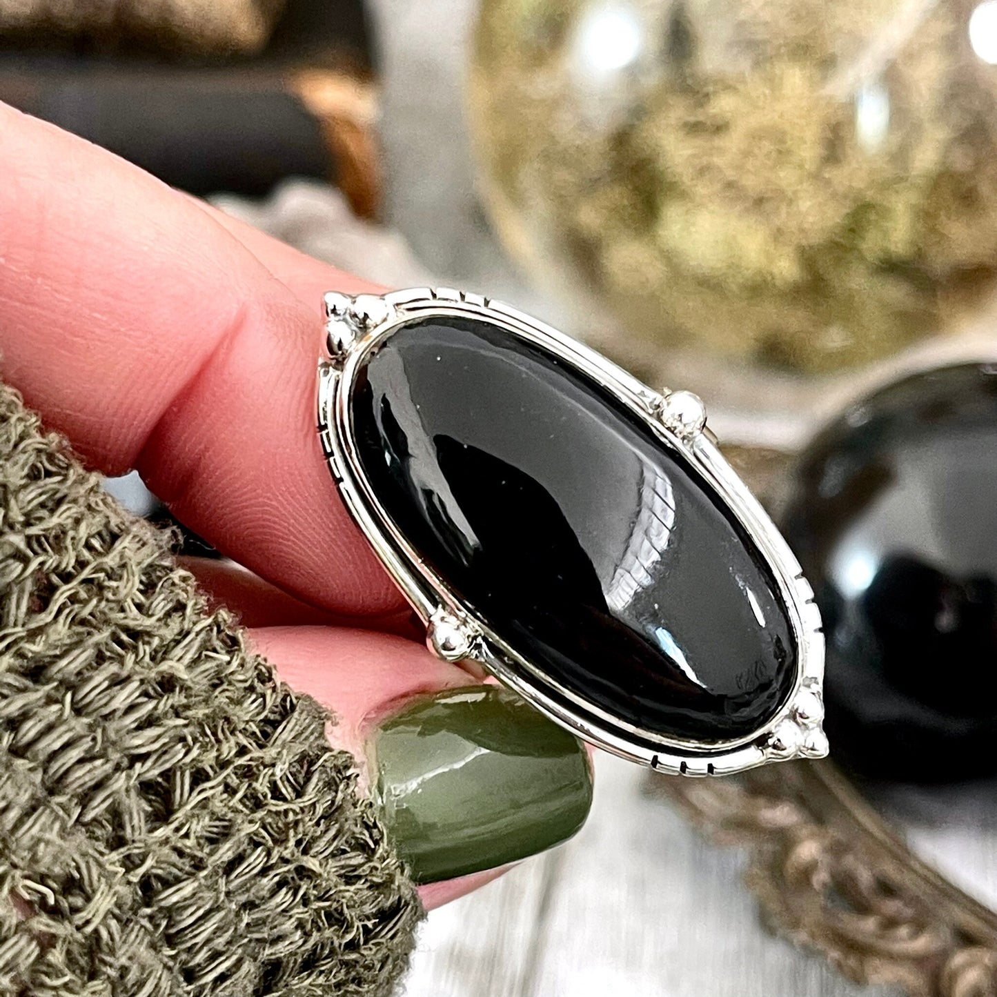 Black Onyx Oval Crystal Statement Ring in Sterling Silver - Designed by FOXLARK Collection Adjustable to Size 6 7 8 9 | Stone Ring.