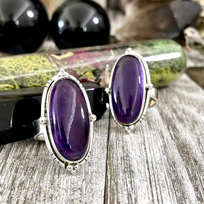 Purple Amethyst Oval Crystal Statement Ring in Sterling Silver - Designed by FOXLARK Collection Adjustable to Size 6 7 8 9.