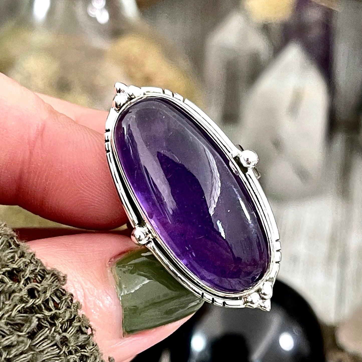 Purple Amethyst Oval Crystal Statement Ring in Sterling Silver - Designed by FOXLARK Collection Adjustable to Size 6 7 8 9.