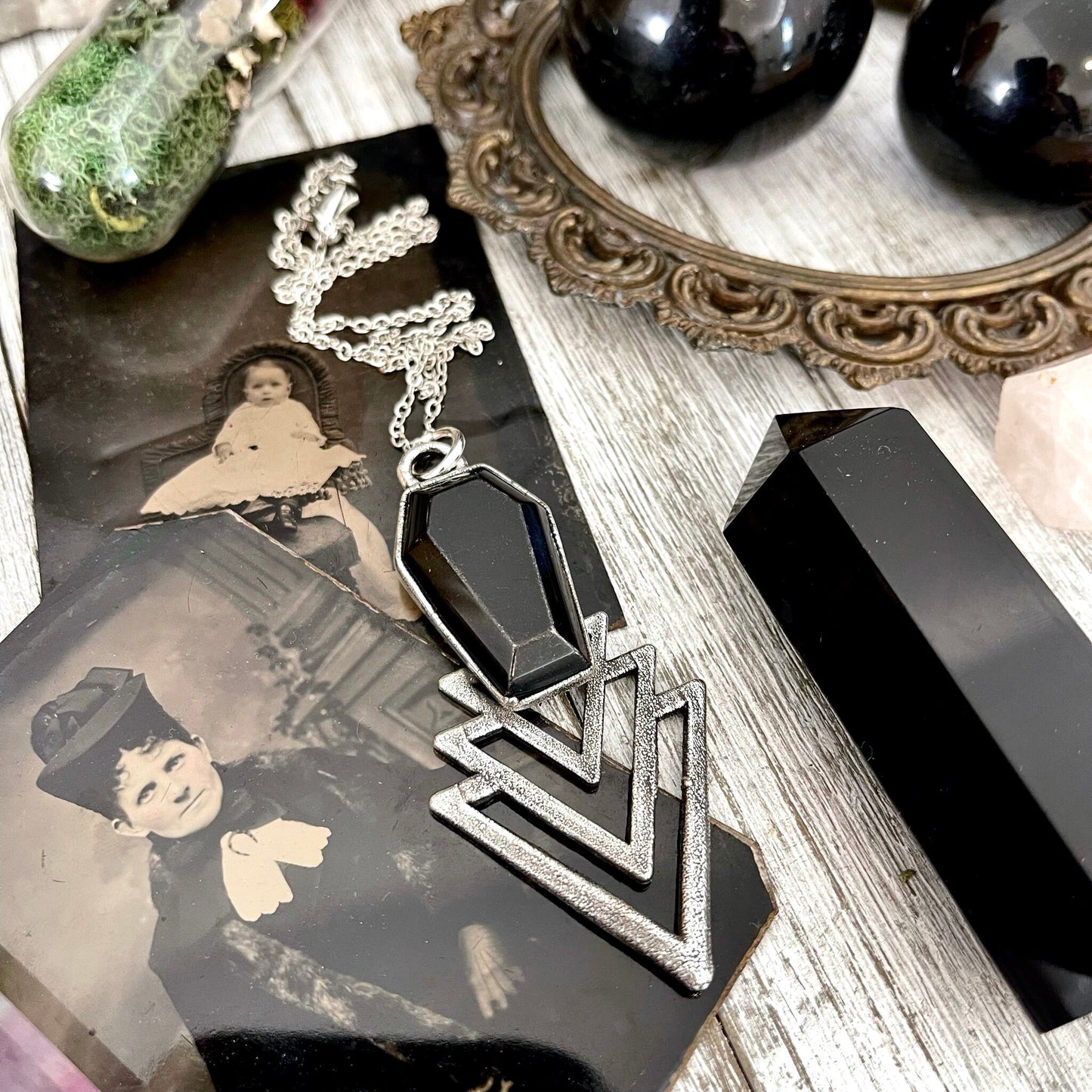 Alternative Jewelry, Big Crystal Necklace, Black Onyx Coffin, electroformed, Etsy ID: 1630278271, Foxlark Alchemy, FOXLARK- NECKLACES, Gemstone Pendent, Gothic Necklace, Jewelry, Large Crystal, Necklaces, Pendants, Punk Pendent, raw crystal necklace, Stat