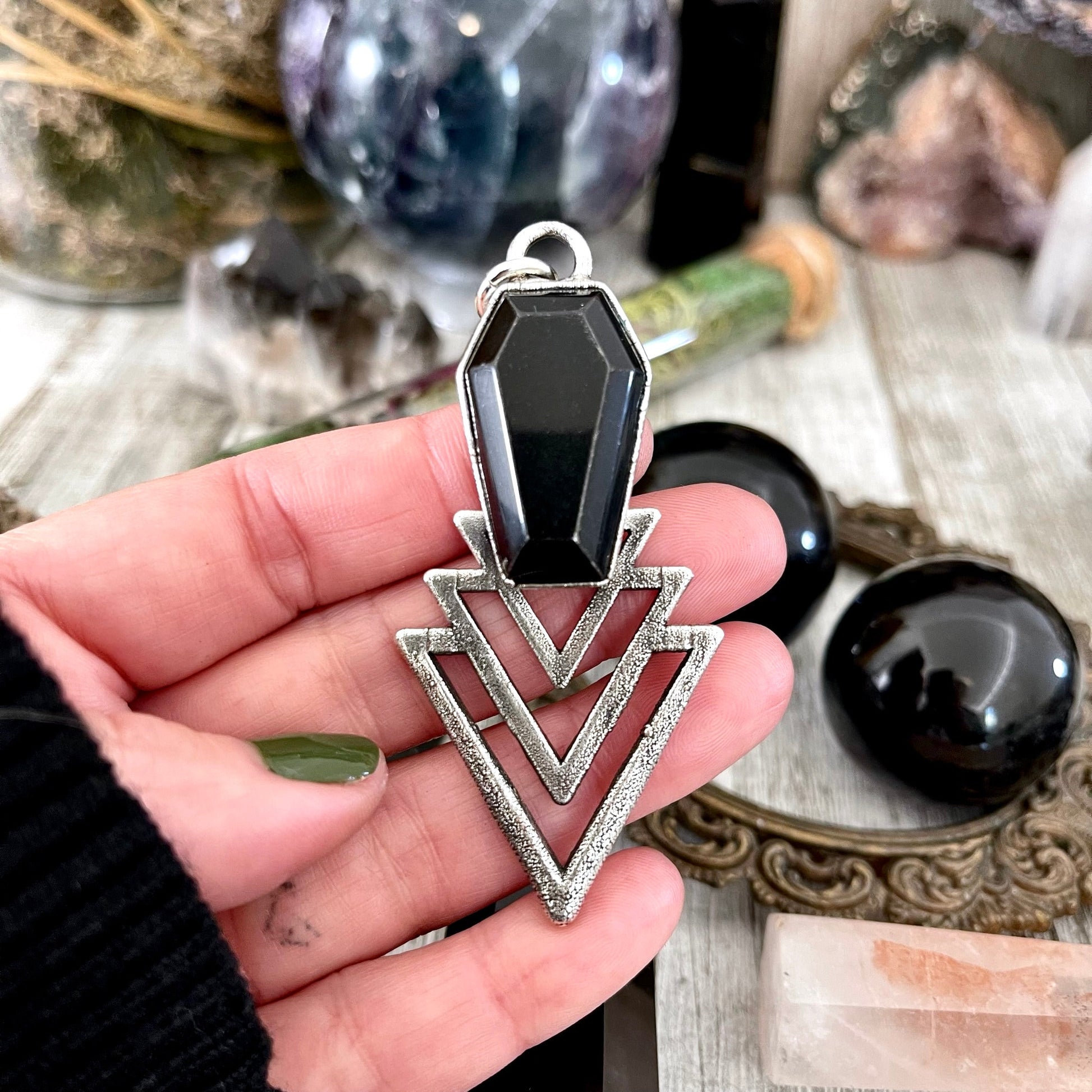 Alternative Jewelry, Big Crystal Necklace, Black Onyx Coffin, electroformed, Etsy ID: 1630278271, Foxlark Alchemy, FOXLARK- NECKLACES, Gemstone Pendent, Gothic Necklace, Jewelry, Large Crystal, Necklaces, Pendants, Punk Pendent, raw crystal necklace, Stat