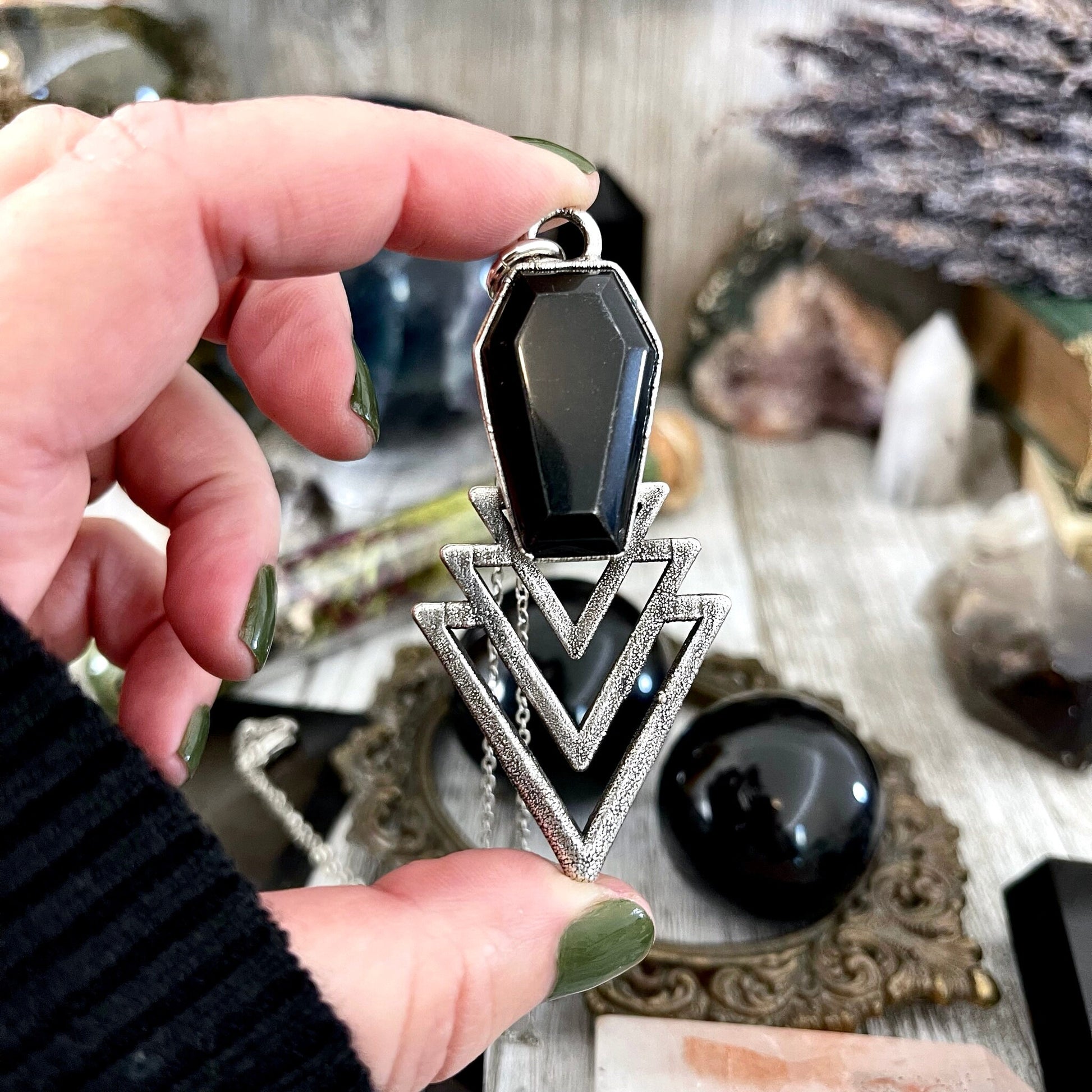 Alternative Jewelry, Big Crystal Necklace, Black Onyx Coffin, electroformed, Etsy ID: 1630278271, Foxlark Alchemy, FOXLARK- NECKLACES, Gemstone Pendent, Gothic Necklace, Jewelry, Large Crystal, Necklaces, Pendants, Punk Pendent, raw crystal necklace, Stat