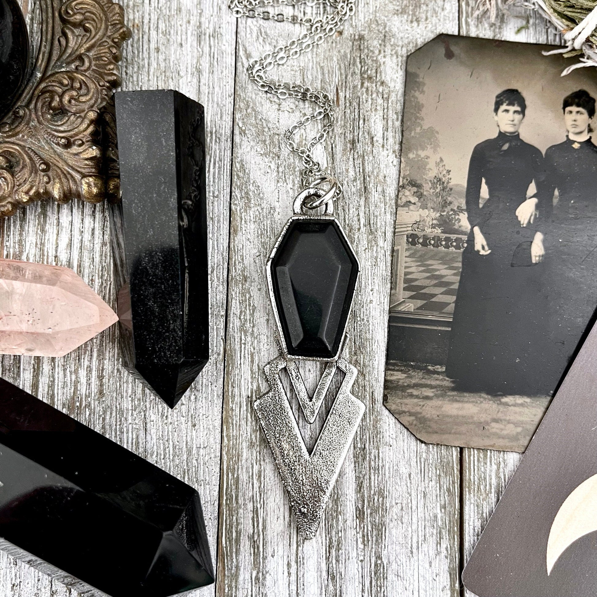 Alternative Jewelry, Big Crystal Necklace, Black Onyx Coffin, Crystal Coffin, electroformed, Etsy ID: 1616110128, Foxlark Alchemy, FOXLARK- NECKLACES, Gemstone Pendent, Gothic Necklace, Jewelry, Large Crystal, Necklaces, Pendants, Punk Pendent, raw crysta