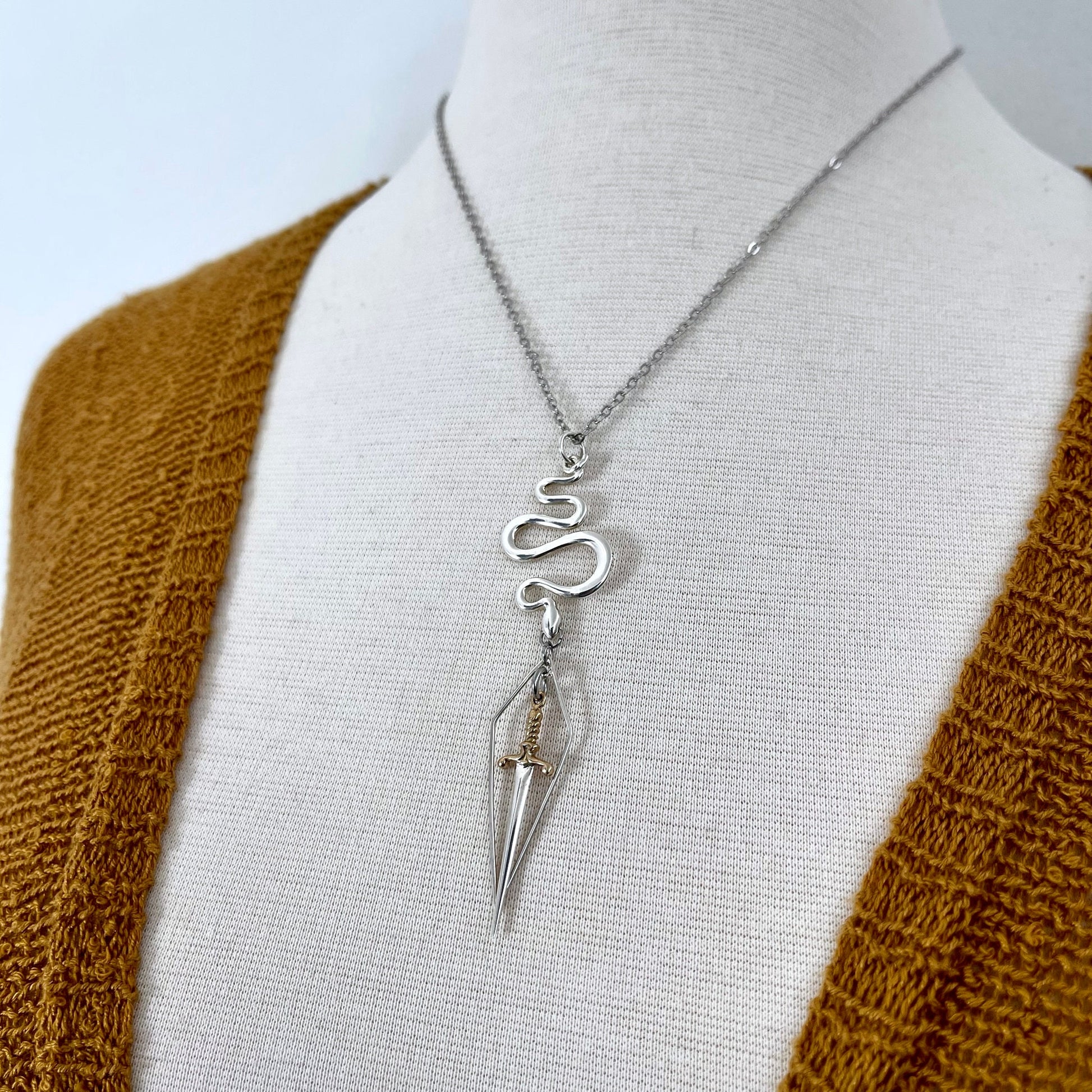 925 Sterling Silver, boho jewelry, Etsy ID: 1640899984, Gift for Woman, Gothic Jewelry, Jewelry, Layered charm, Necklaces, Pendants, Snake talisman, Sterling Silver, sword necklace, Talisman Necklace, TINY TALISMANS, Witch Jewelry, Witch necklace, Witchy