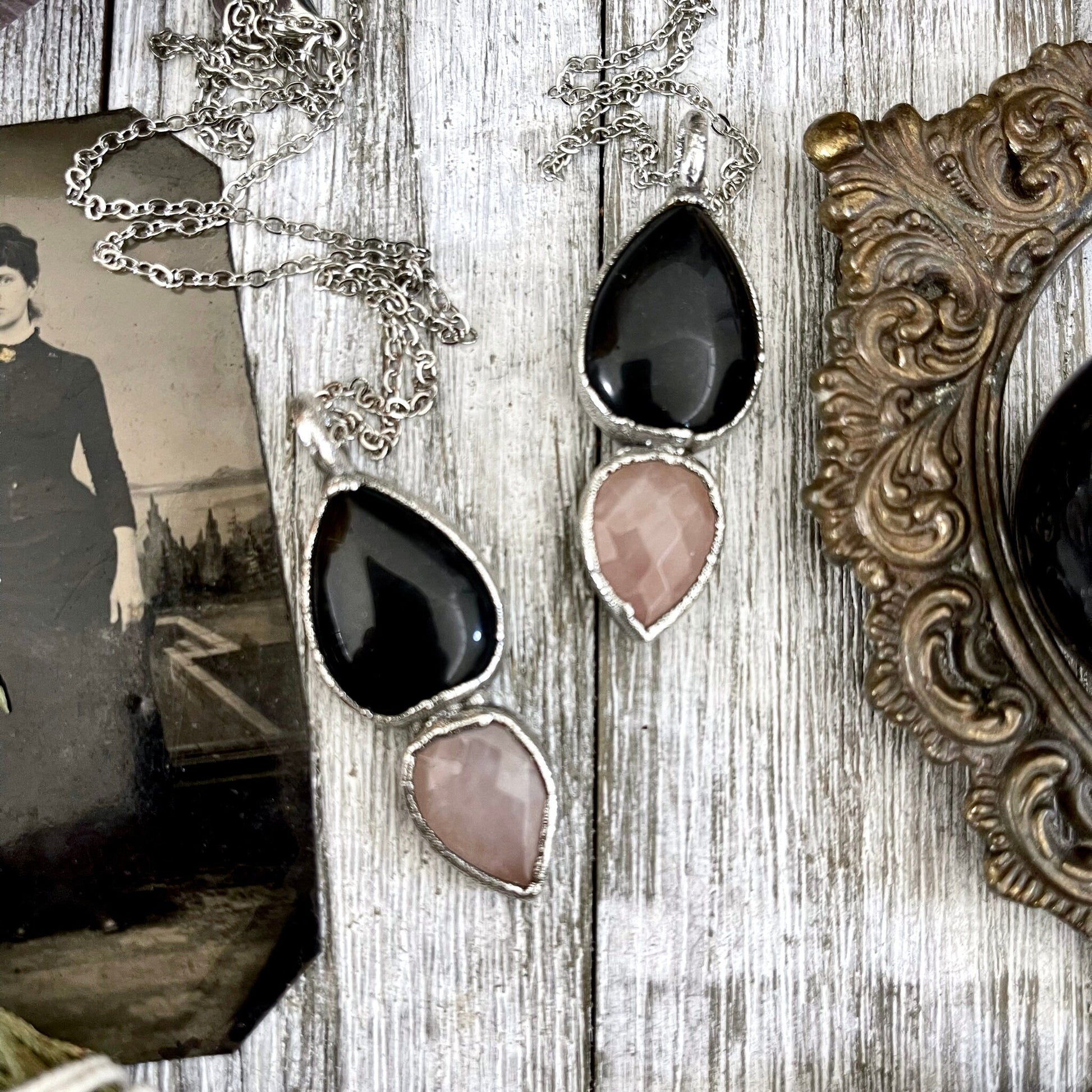 Black Onyx, Black Onyx Necklace, Bohemian Jewelry, Crystal Jewelry, Crystal Necklace, Crystal Necklaces, Etsy ID: 1645792420, FOXLARK- NECKLACES, Gothic Jewelry, Gothic Necklace, Gothic Pendent, Jewelry, Necklaces, Rose Quarts necklace, Rose Quartz penden