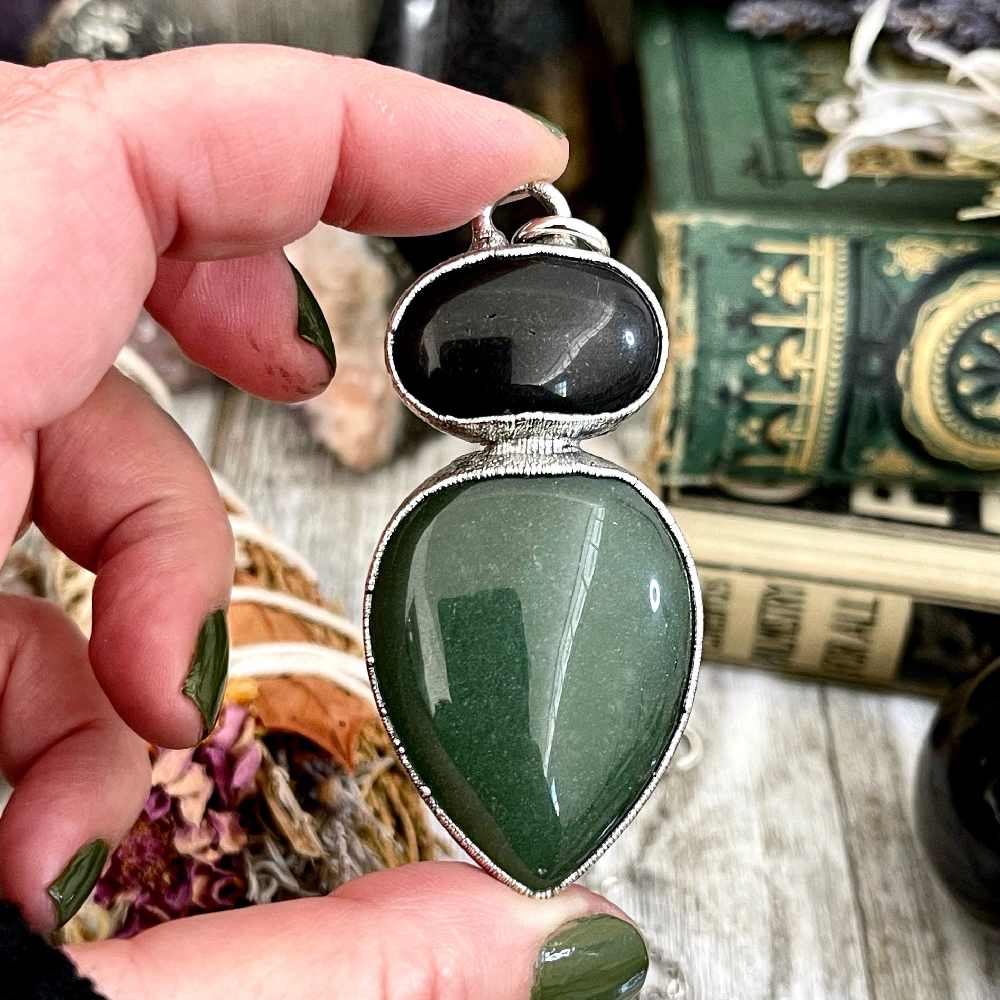 Aventurine necklace, Black Onyx, Black Onyx Necklace, Bohemian Jewelry, Crystal Jewelry, Crystal Necklace, Crystal Necklaces, Etsy ID: 1645794898, FOXLARK- NECKLACES, Gothic Jewelry, Gothic Necklace, Gothic Pendent, Green Aventurine, Jewelry, Necklaces, T