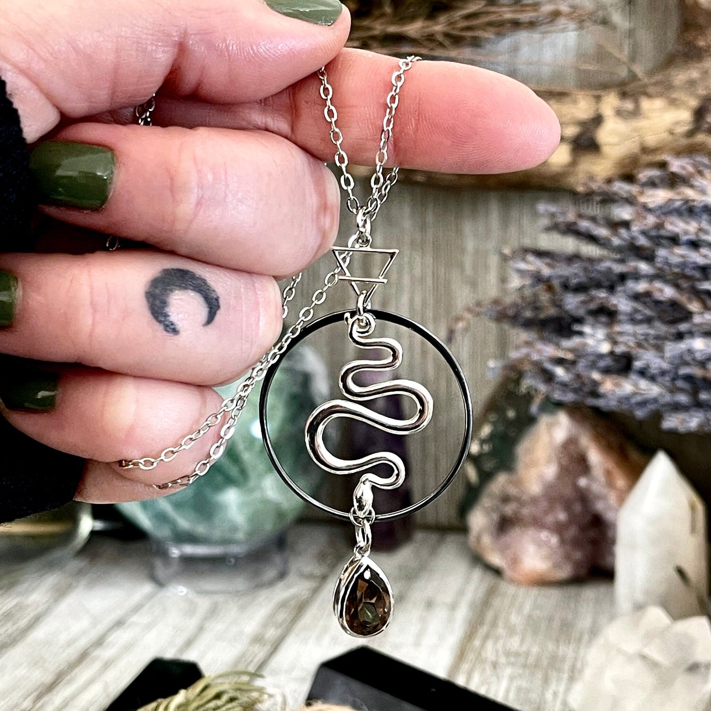 925 Sterling Silver, Amulet Charm, boho jewelry, Etsy ID: 1654926387, Gothic Jewelry, Infinity Necklace, Jewelry, Necklaces, Pendants, smokey quartz, Snake Necklace, Snake Pendant, Sterling Silver, Talisman Necklace, TINY TALISMANS, Witch Jewelry, Witch n