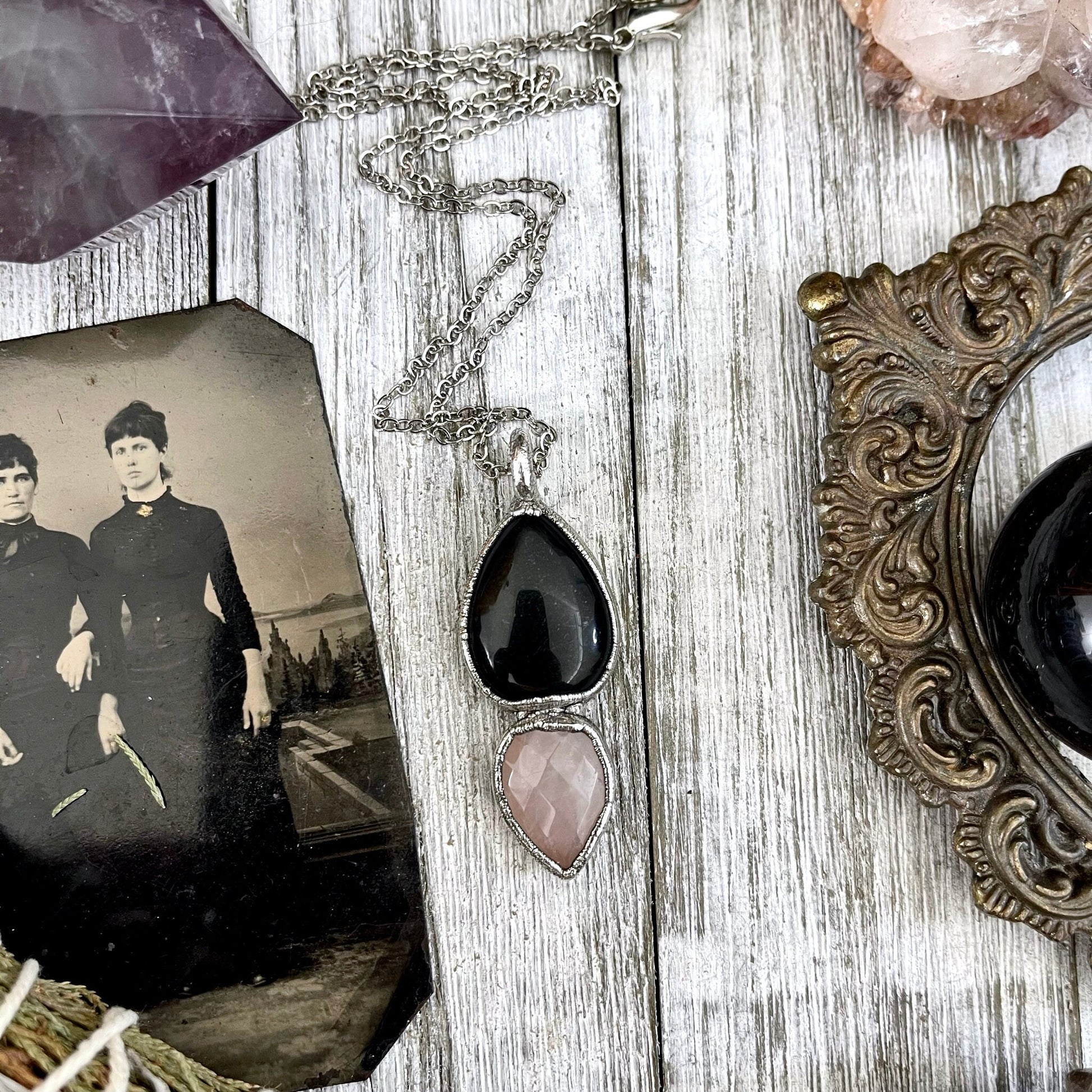 Black Onyx, Black Onyx Necklace, Bohemian Jewelry, Crystal Jewelry, Crystal Necklace, Crystal Necklaces, Etsy ID: 1645792420, FOXLARK- NECKLACES, Gothic Jewelry, Gothic Necklace, Gothic Pendent, Jewelry, Necklaces, Rose Quarts necklace, Rose Quartz penden