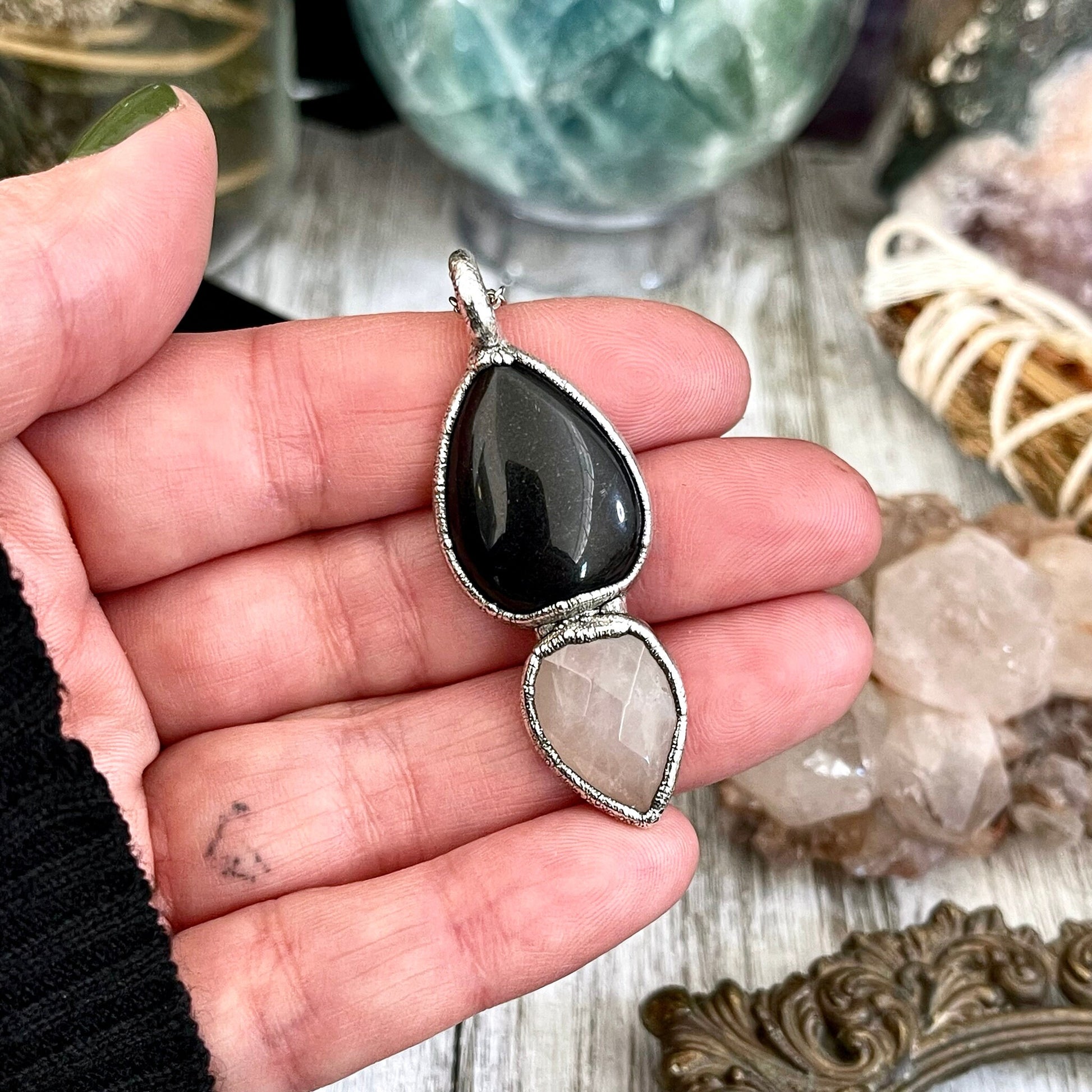 Black Onyx, Black Onyx Necklace, Bohemian Jewelry, Crystal Jewelry, Crystal Necklace, Crystal Necklaces, Etsy ID: 1645792420, FOXLARK- NECKLACES, Gothic Jewelry, Gothic Necklace, Gothic Pendent, Jewelry, Necklaces, Rose Quarts necklace, Rose Quartz penden