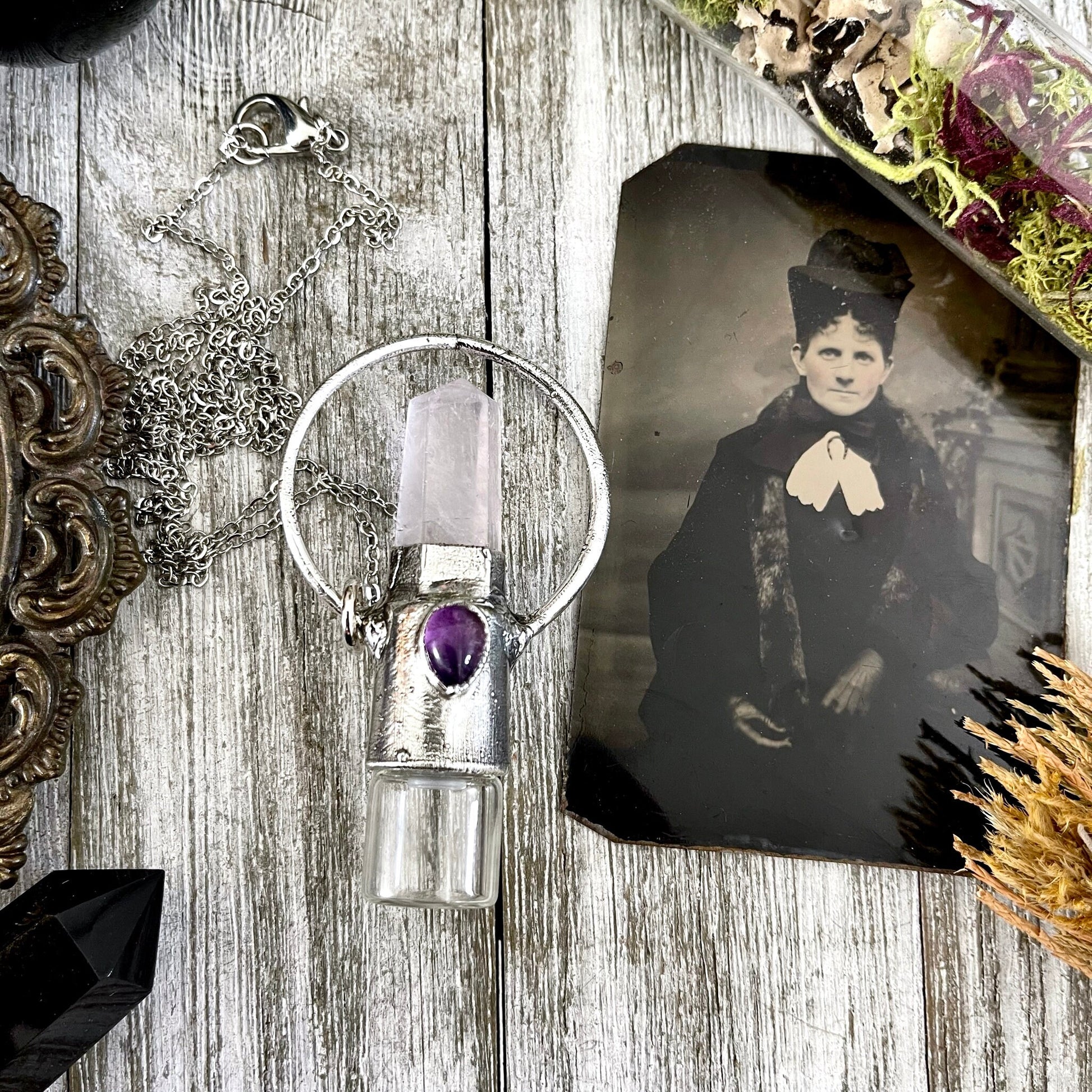 Rose Quartz and Amethyst Crystal Necklace / Silver Crystal Rollerball Necklace / Foxlark Collection - One of a Kind / Gothic Jewelry