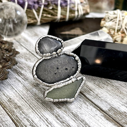 Size 10 Three Stone Ring- Tourmaline Quartz River Rock Sea Glass Crystal Ring Fine Silver / Foxlark Collection - One of a Kind / Jewelry