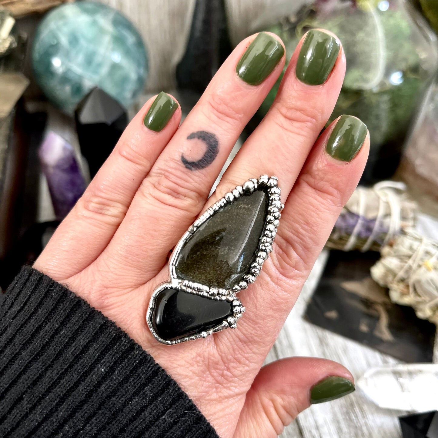 Size 9.5 Two Stone Ring- Golden Sheen Black Onyx Crystal Ring Fine Silver / Foxlark Collection - One of a Kind / Statement Jewelry