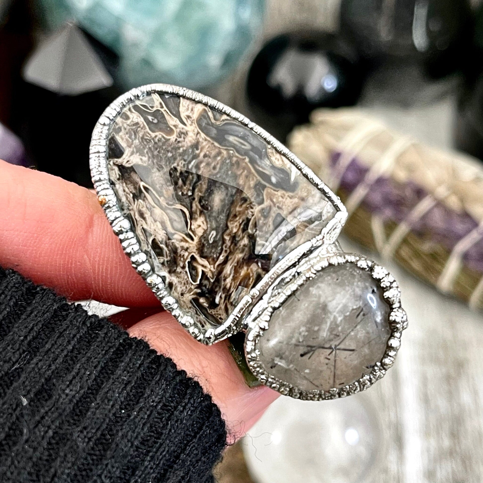 Size 10 Two Stone Ring- Palm Root Tourmaline Quartz Crystal Ring Fine Silver / Foxlark Collection - One of a Kind / Statement Jewelry