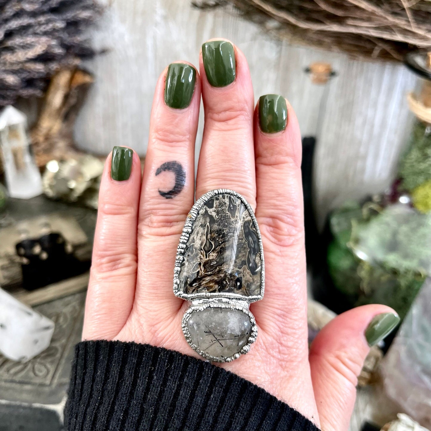 Size 10 Two Stone Ring- Palm Root Tourmaline Quartz Crystal Ring Fine Silver / Foxlark Collection - One of a Kind / Statement Jewelry