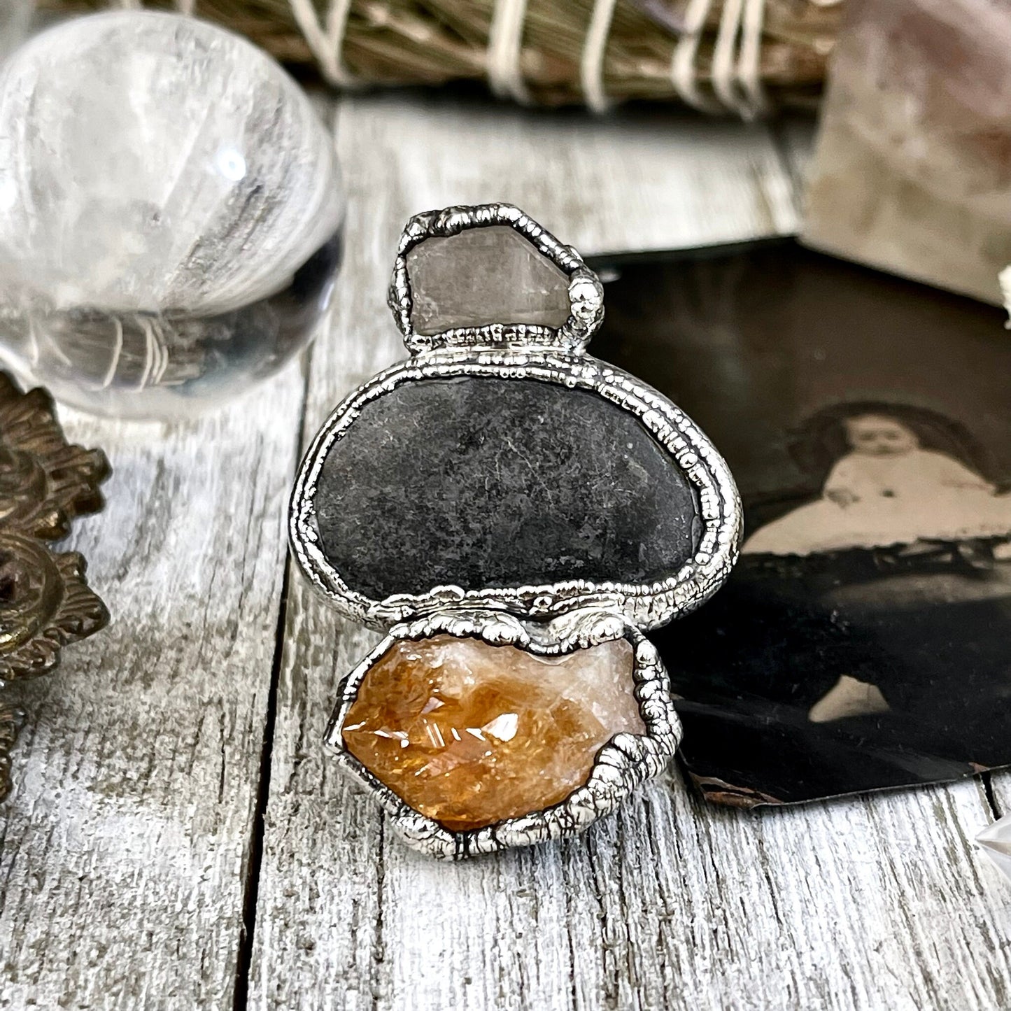 Size 7.5 Three Stone Ring- Citrine Clear Quartz River Rock Crystal Ring Fine Silver / Foxlark Collection - One of a Kind / Statement Jewelry