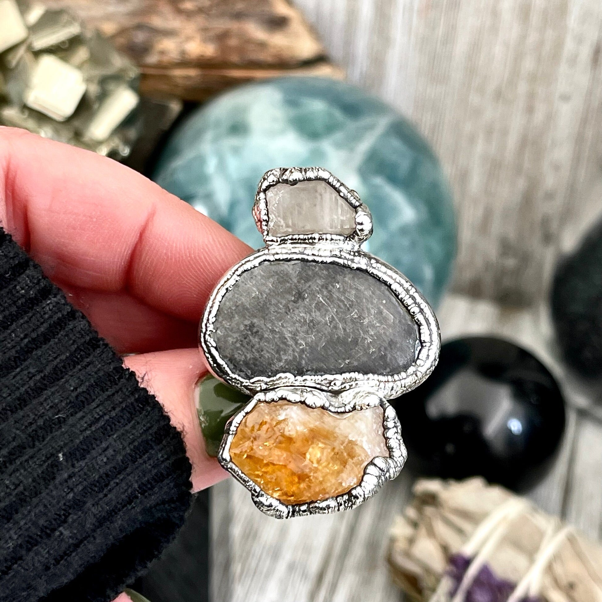 Size 7.5 Three Stone Ring- Citrine Clear Quartz River Rock Crystal Ring Fine Silver / Foxlark Collection - One of a Kind / Statement Jewelry