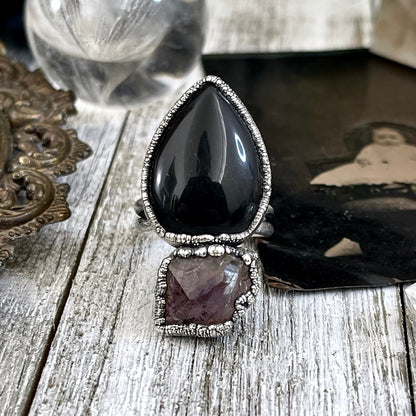 Size 8.5 Two Stone Ring- Black Onyx Purple Raw Amethyst Crystal Ring Fine Silver / Foxlark Collection - One of a Kind / Statement Jewelry