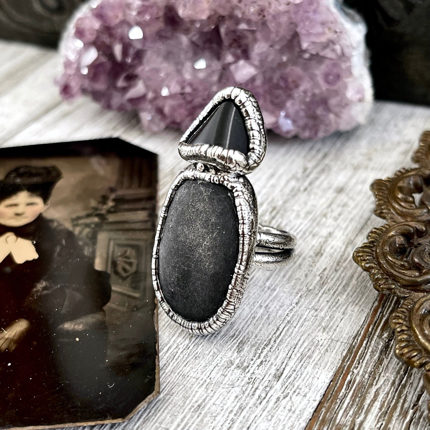 Size 6 Two Stone Ring- Black Onyx River Rock Crystal Ring Fine Silver / Foxlark Collection - One of a Kind / Big Statement Jewelry