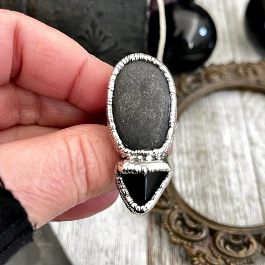 Size 6 Two Stone Ring- Black Onyx River Rock Crystal Ring Fine Silver / Foxlark Collection - One of a Kind / Big Statement Jewelry