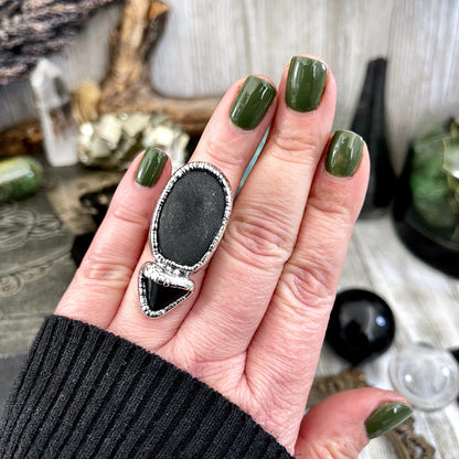 Size 6 Two Stone Ring- Black Onyx River Rock Crystal Ring Fine Silver / Foxlark Collection - One of a Kind / Big Statement Jewelry