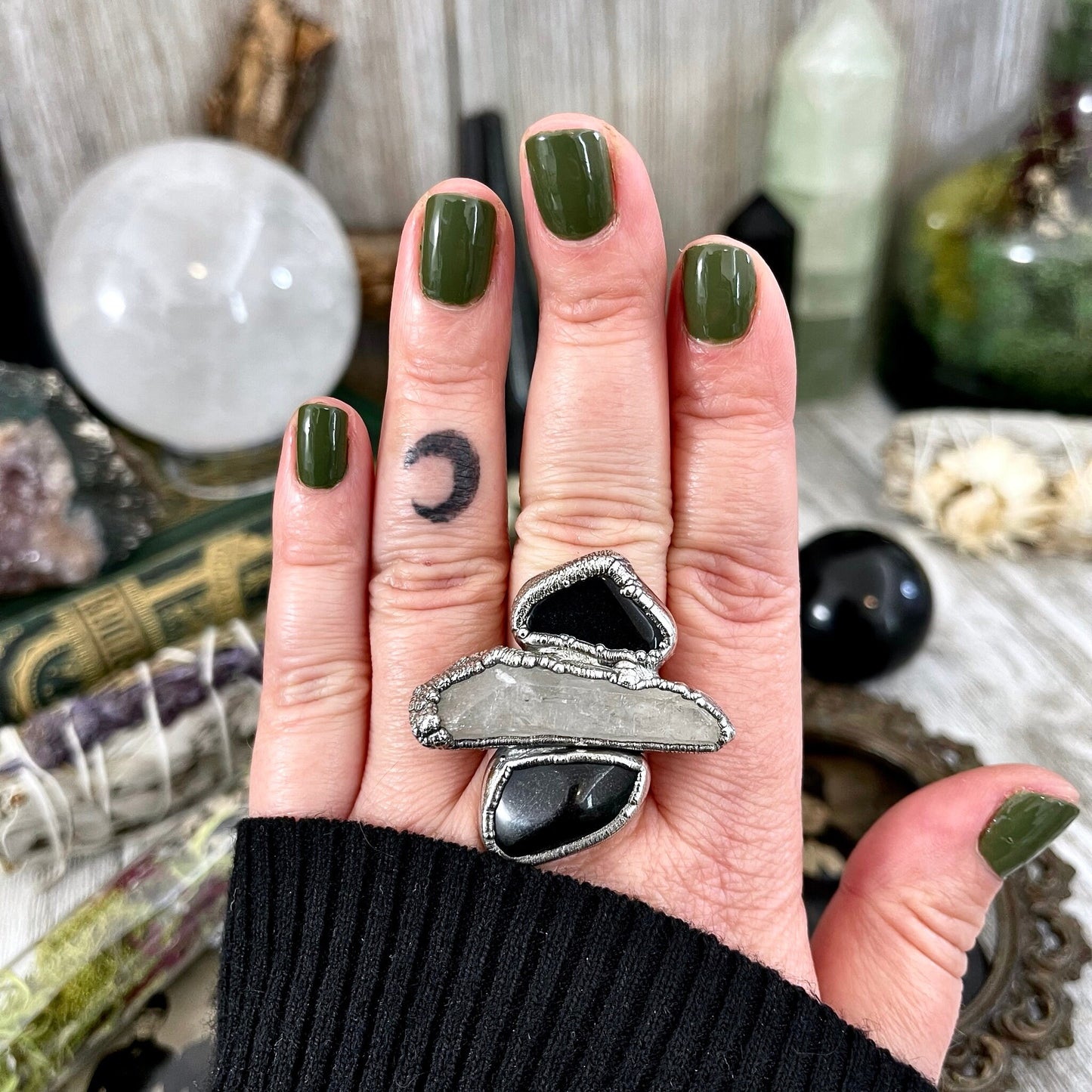 Size 8.5 Crystal Ring - Three Stone Ring Black Onyx Raw Clear Quartz Silver Ring / Foxlark Collection - One of a Kind / Big Crystal Jewelry