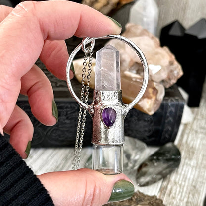 Rose Quartz and Amethyst Crystal Necklace / Silver Crystal Rollerball Necklace / Foxlark Collection - One of a Kind / Gothic Jewelry