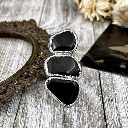 Size 8 Crystal Ring - Three Stone Ring Black Onyx Ring in Silver / Foxlark Collection - One of a Kind / Big Crystal Jewelry Goth Witchy Ring