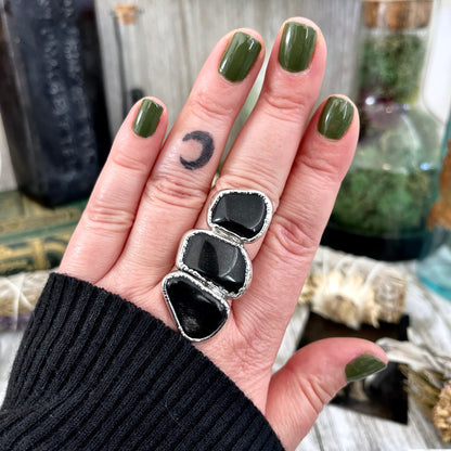 Size 8 Crystal Ring - Three Stone Ring Black Onyx Ring in Silver / Foxlark Collection - One of a Kind / Big Crystal Jewelry Goth Witchy Ring