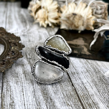 Size 7 Crystal Ring - Three Stone Black Onyx Yellow Citrine & Quartz Silver Ring / Foxlark Collection - One of a Kind / Big Crystal Jewelry