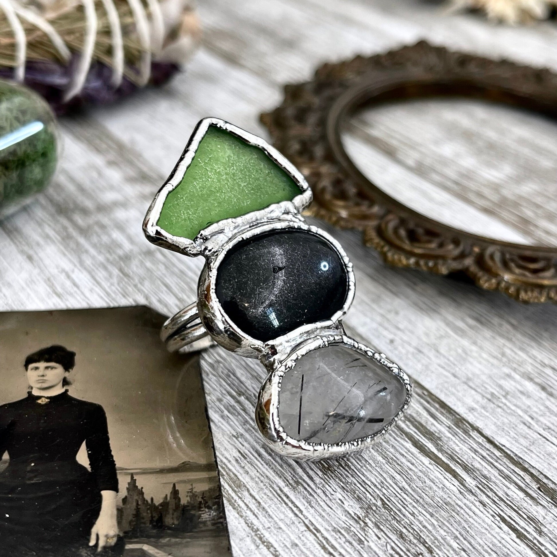 Size 8 Crystal Ring - Three Stone Black Onyx Sea Glass Tourmaline Quartz Ring Sliver / Foxlark Collection - One of a Kind / Crystal Jewelry