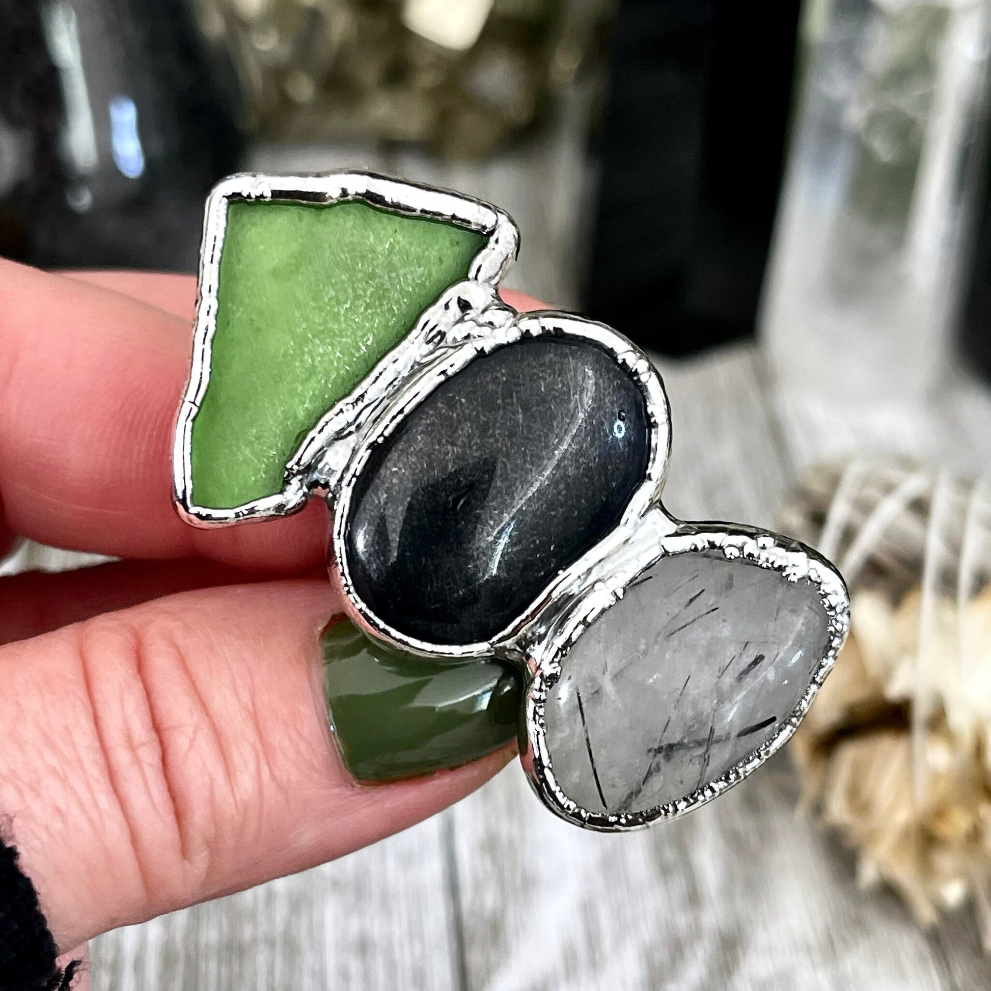 Size 8 Crystal Ring - Three Stone Black Onyx Sea Glass Tourmaline Quartz Ring Sliver / Foxlark Collection - One of a Kind / Crystal Jewelry