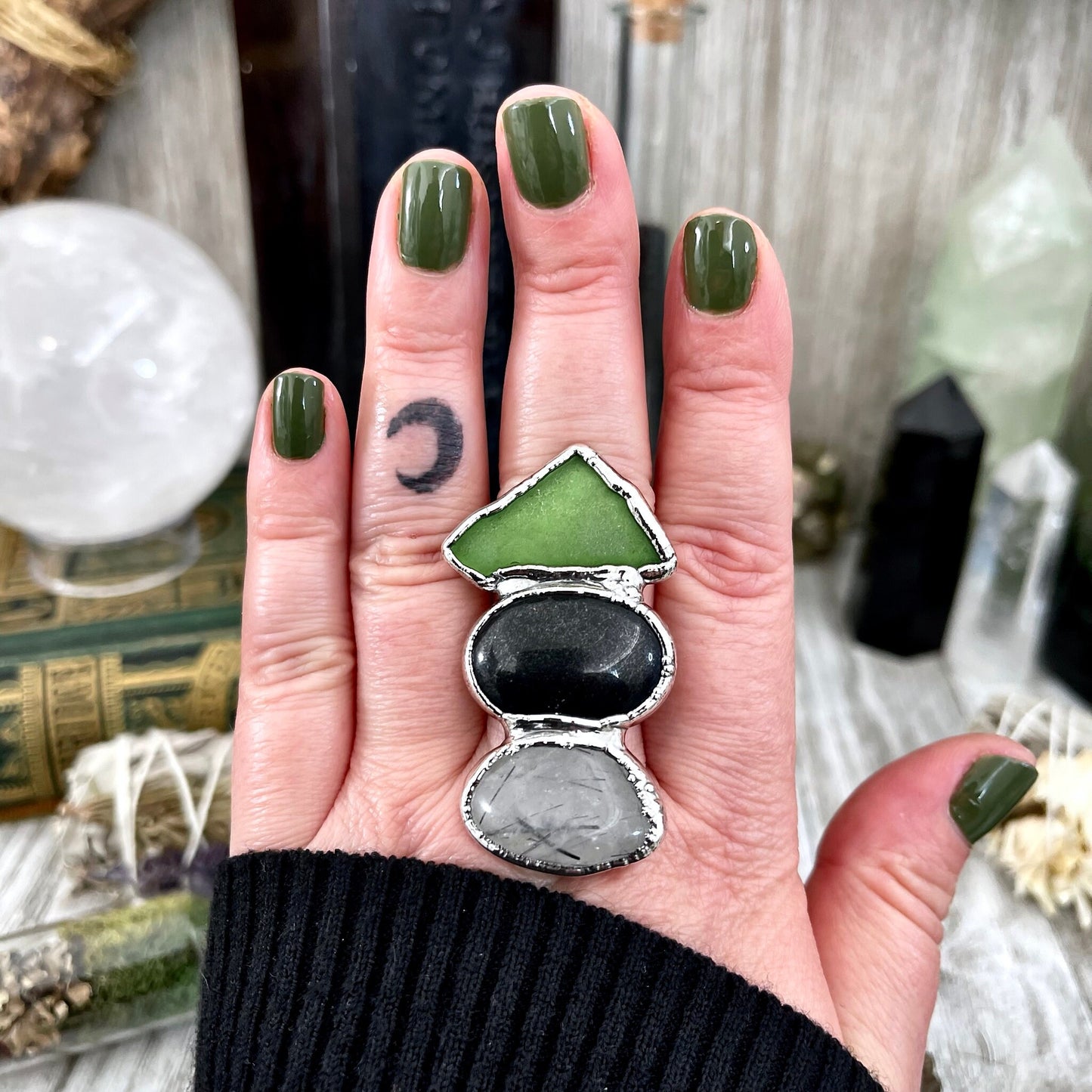 Size 8 Crystal Ring - Three Stone Black Onyx Sea Glass Tourmaline Quartz Ring Sliver / Foxlark Collection - One of a Kind / Crystal Jewelry